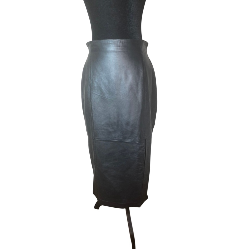 Vintage Evan Davies Womens 8 Black Leather Pencil Skirt High Waist Slit